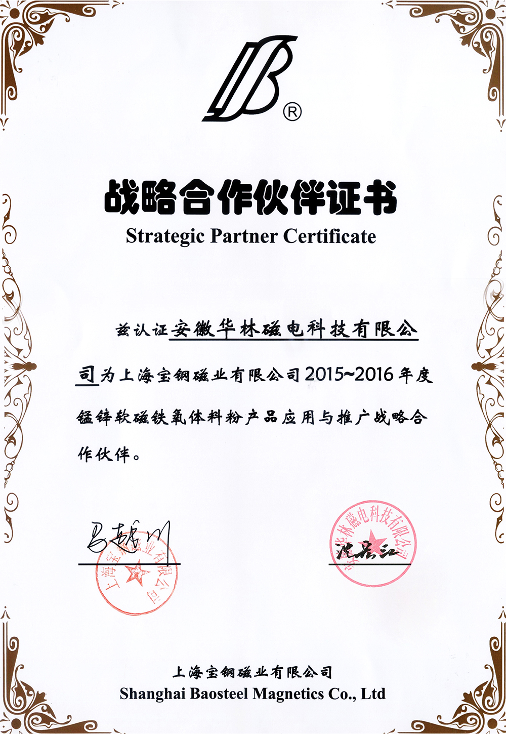 Strategic partner certificate
